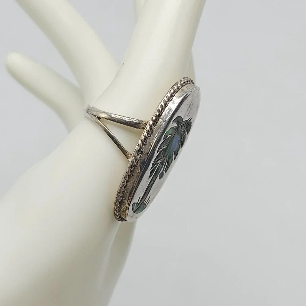 Vintage Artist Signed Taxco Sterling Silver Abalone Palm Tree Ring Size 8